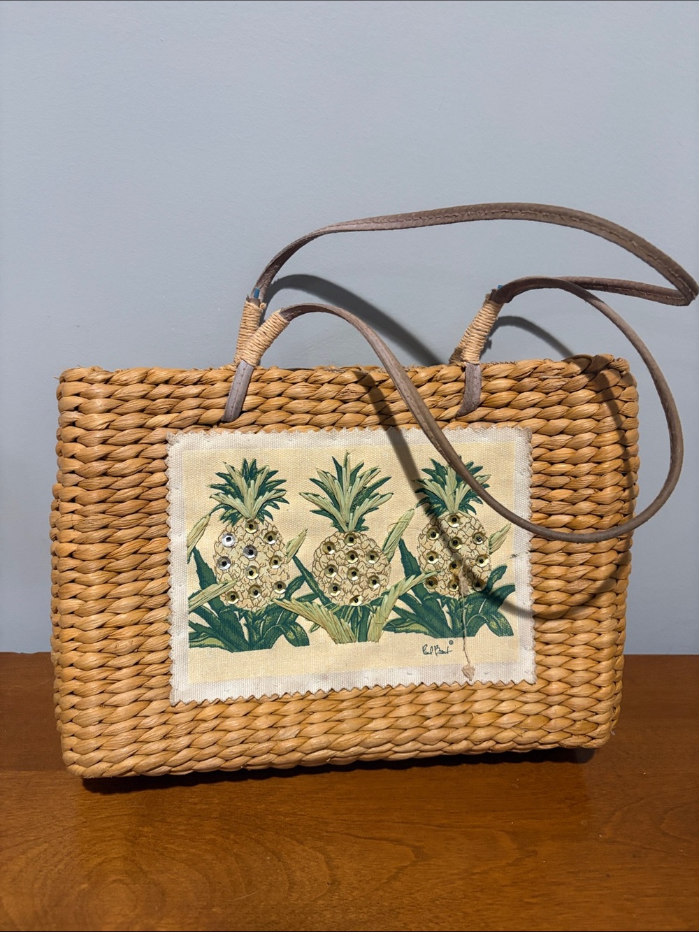 Woven Straw Shoulder Bag with Pineapple Patch